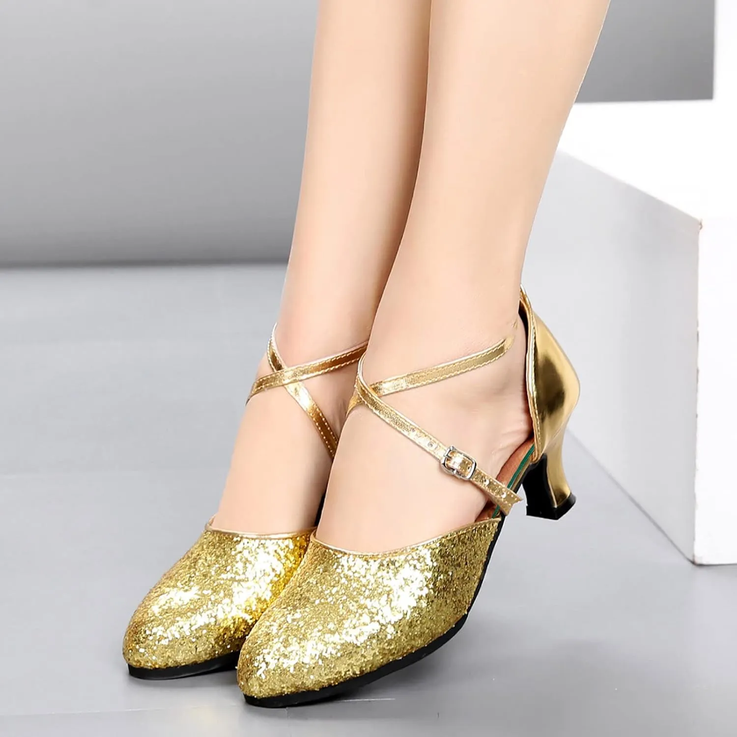 Womens Latin Dance Shoes Heeled Sandals for Women Ballroom Tango Party Sequin Dance Shoes Comfortable Low Heel Wedding Party Glitter Shoe