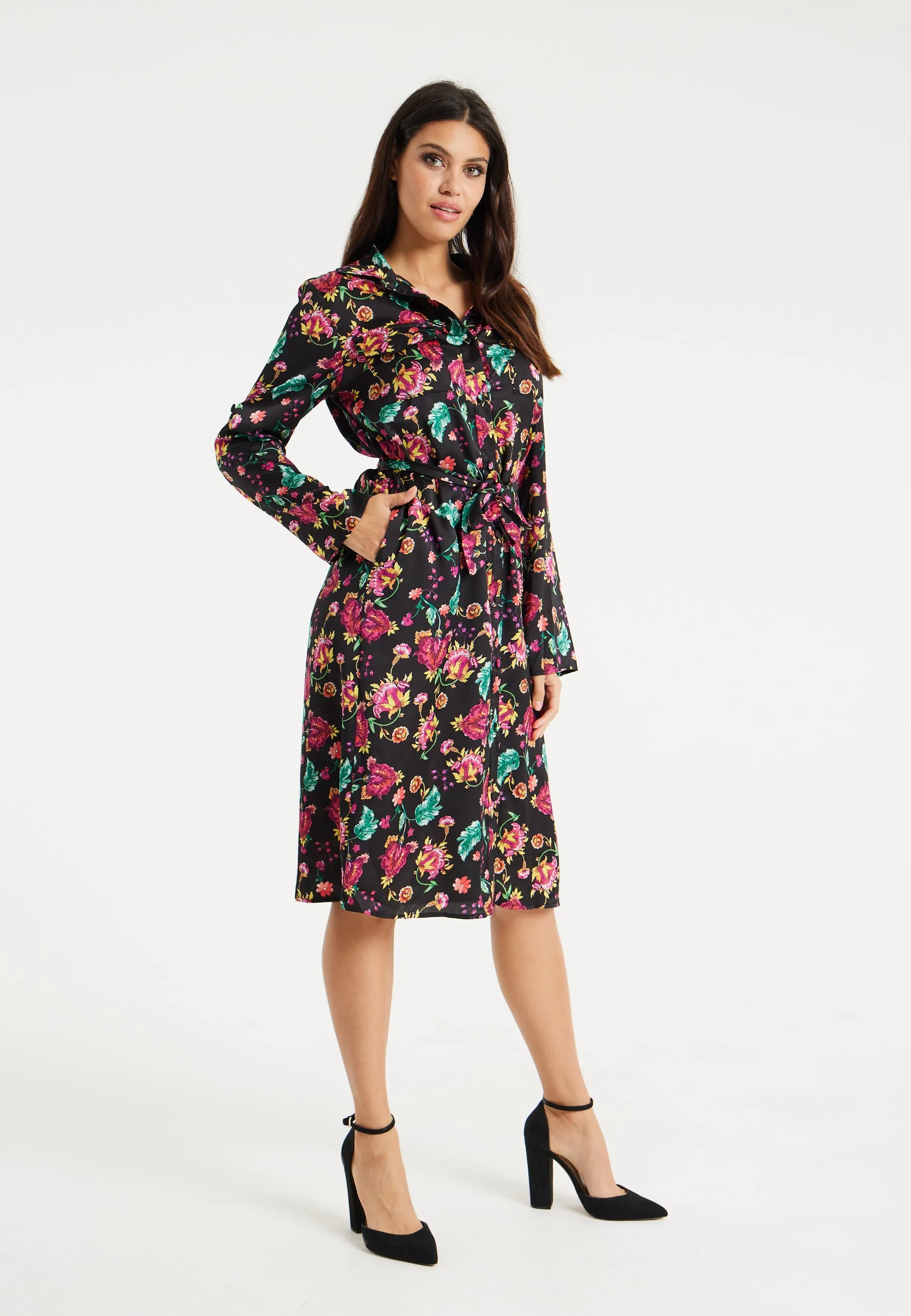 Women’s Midi Dress in Multicolour Floral Print with Black Accents, Long Sleeve, Waist Tie Detail, and Button Front Closure