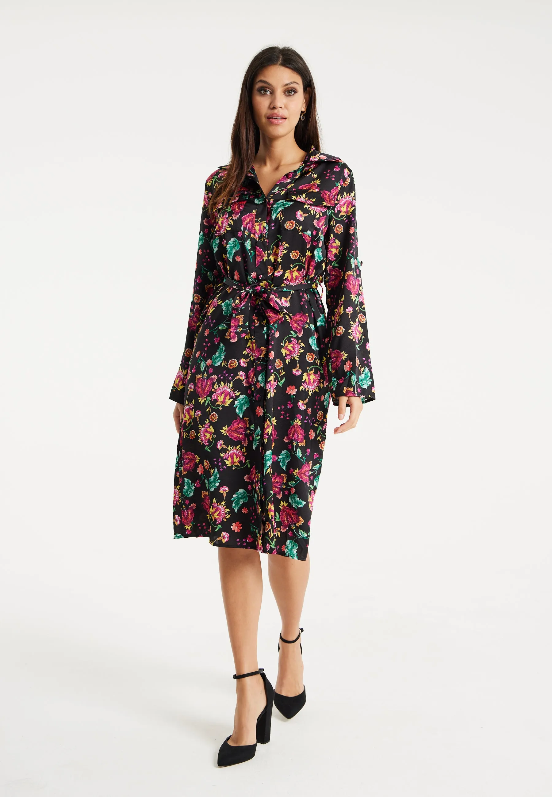 Women’s Midi Dress in Multicolour Floral Print with Black Accents, Long Sleeve, Waist Tie Detail, and Button Front Closure