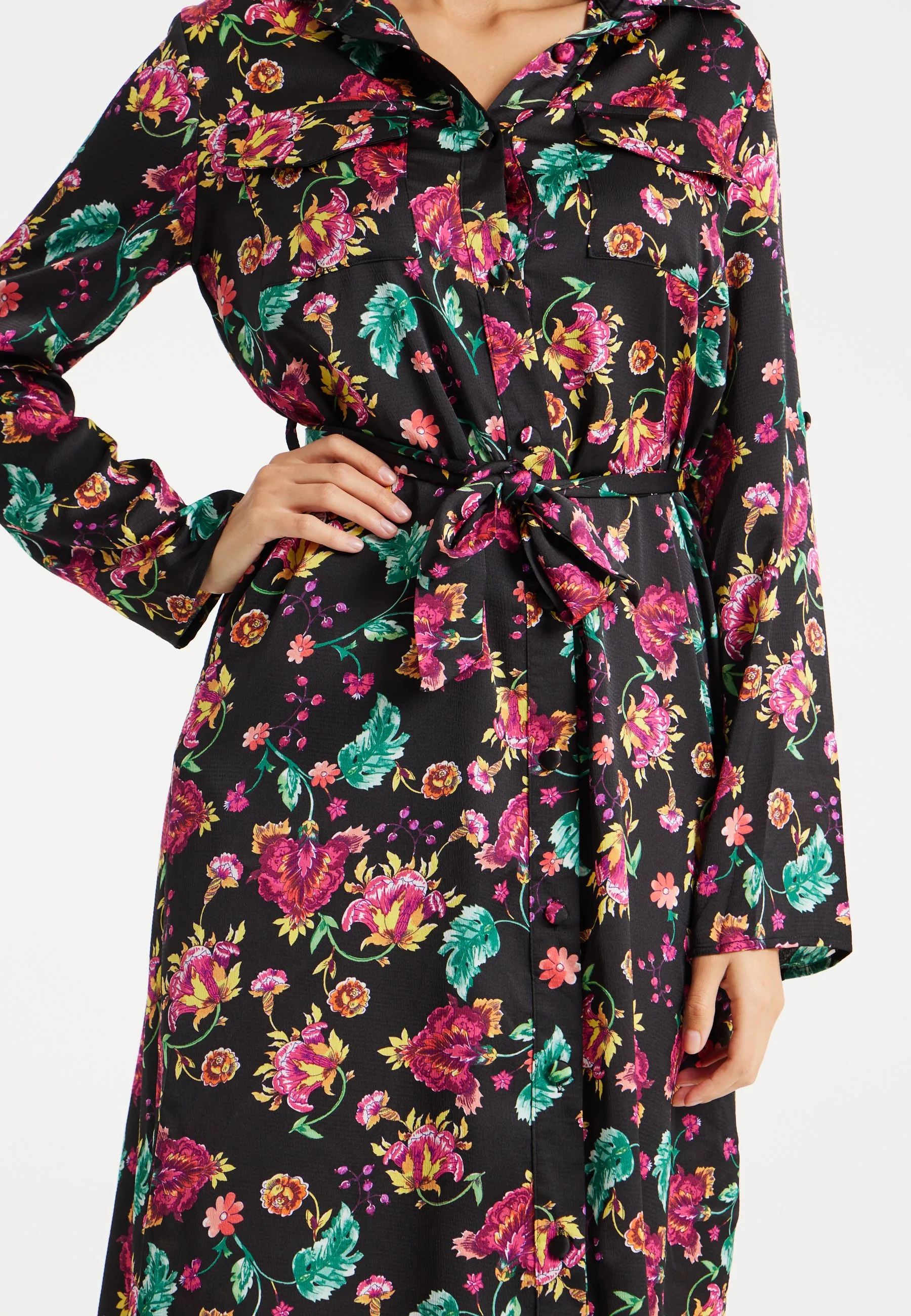 Women’s Midi Dress in Multicolour Floral Print with Black Accents, Long Sleeve, Waist Tie Detail, and Button Front Closure