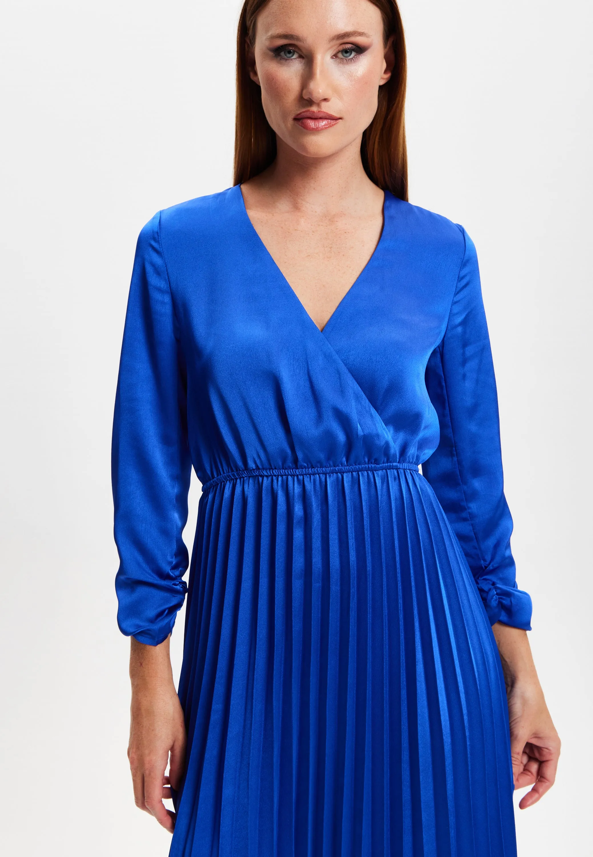 Women's Midi Dress with Pleat Details and V-Neck in Royal Blue - Liquorish