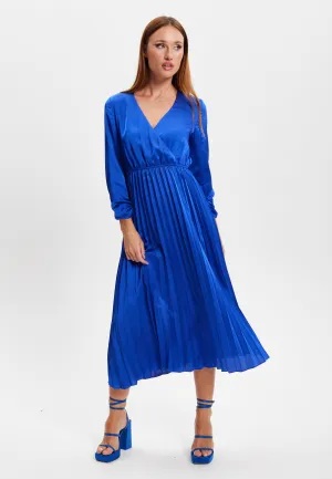 Women's Midi Dress with Pleat Details and V-Neck in Royal Blue - Liquorish