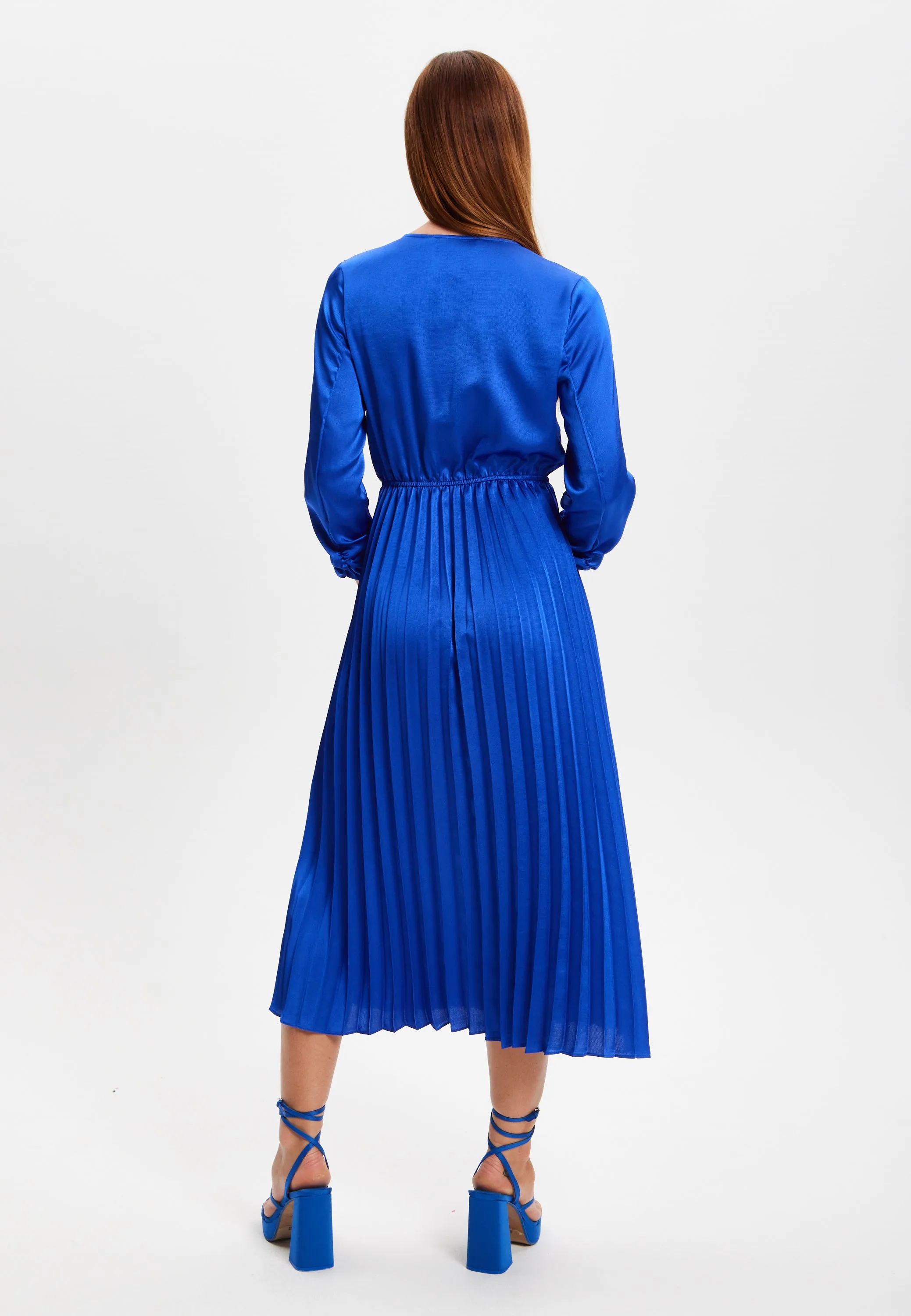 Women's Midi Dress with Pleat Details and V-Neck in Royal Blue - Liquorish
