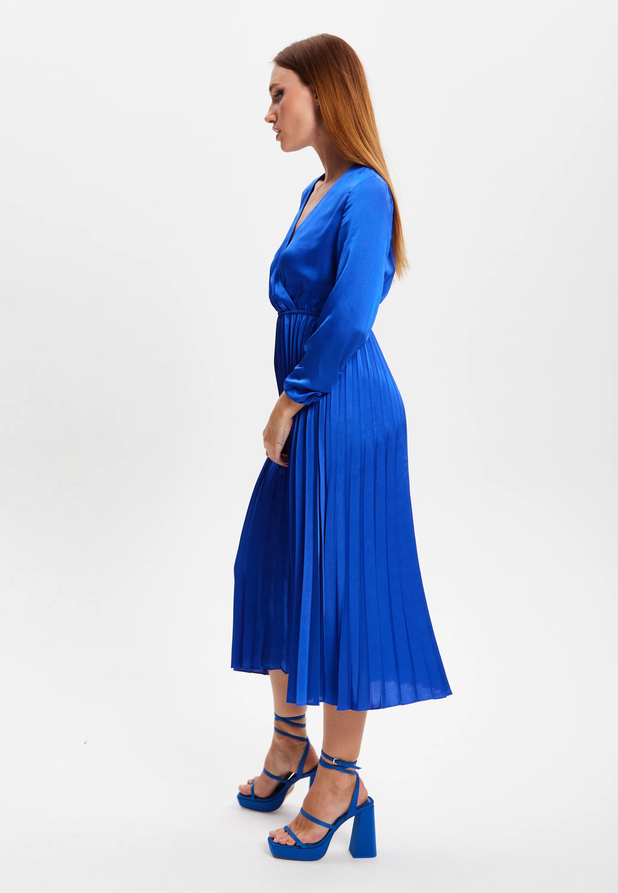 Women's Midi Dress with Pleat Details and V-Neck in Royal Blue - Liquorish