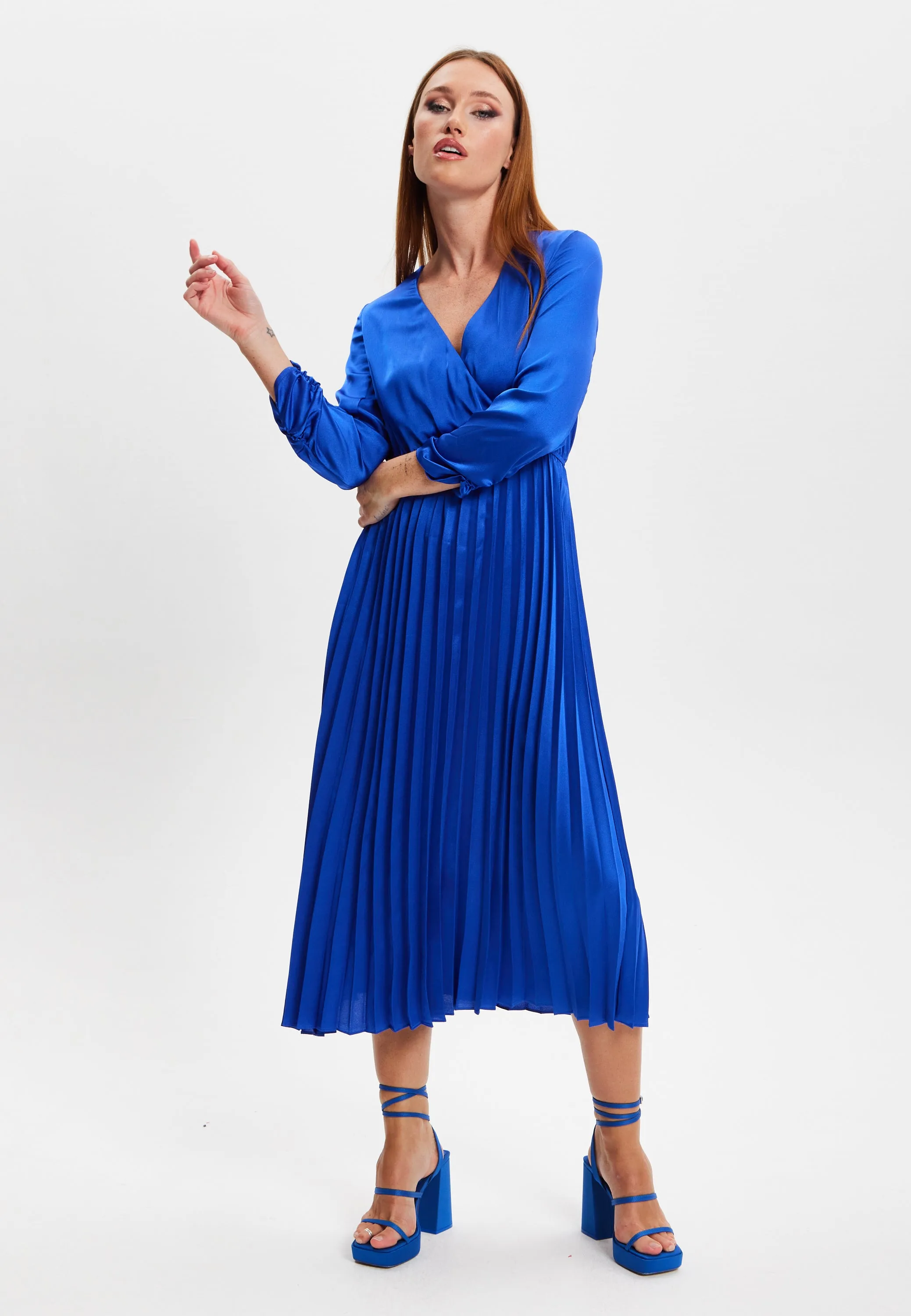 Women's Midi Dress with Pleat Details and V-Neck in Royal Blue - Liquorish