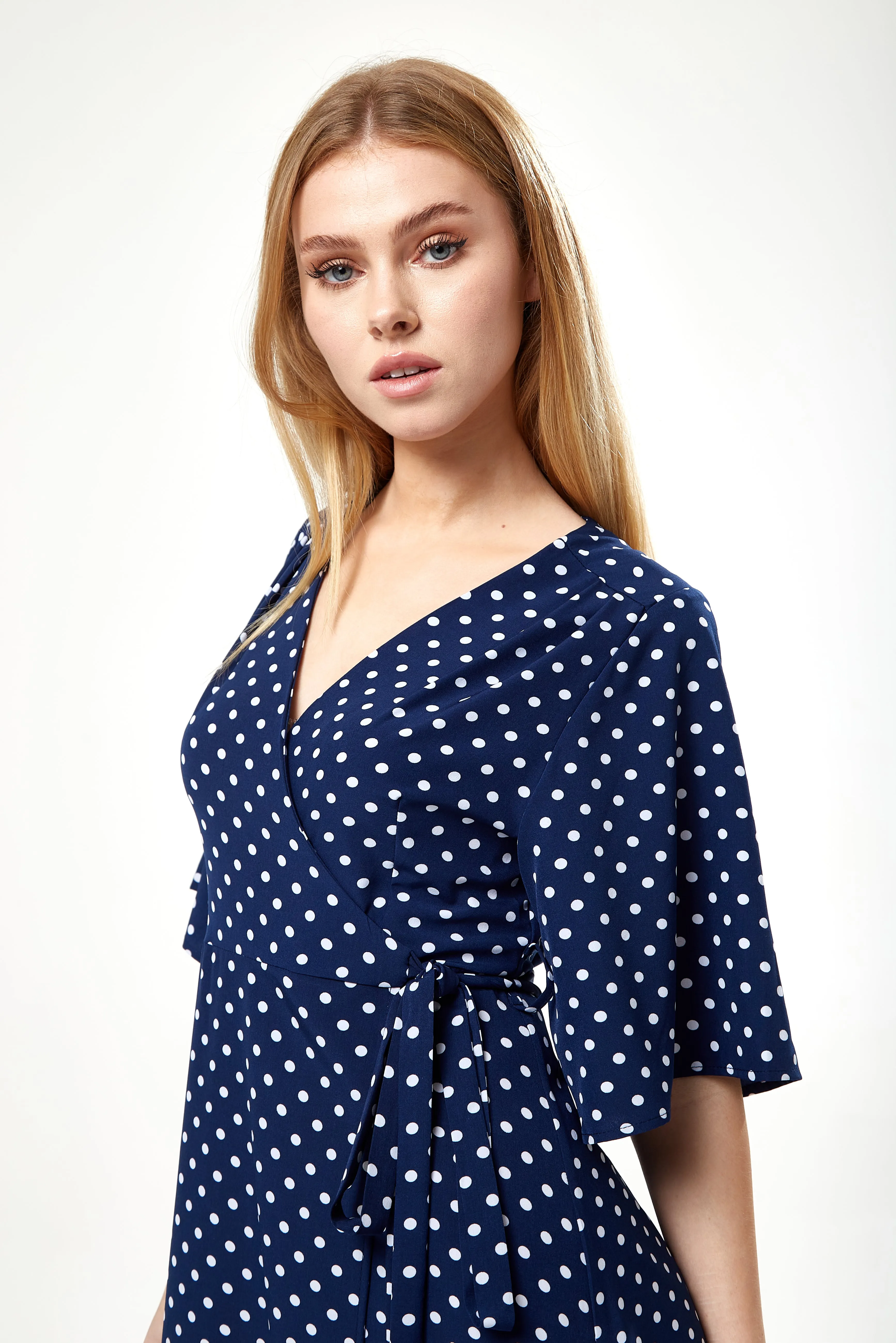 Women's Midi Wrap Dress in Navy with Kimono Sleeves - Elegant Design for Effortless Style by Liquorish