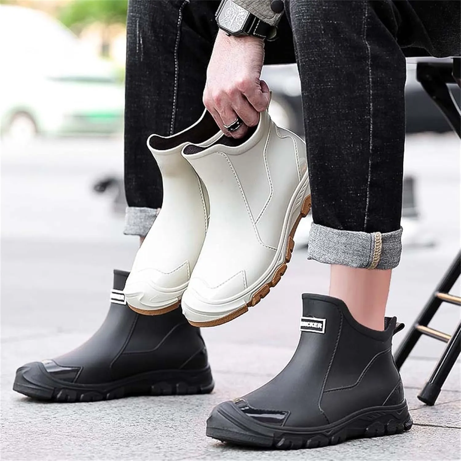 Women's Rain Boots Mid Heel Chelsea Ankle Booties Waterproof Non-Slip Platform Lug Sole Short Garden Shoes