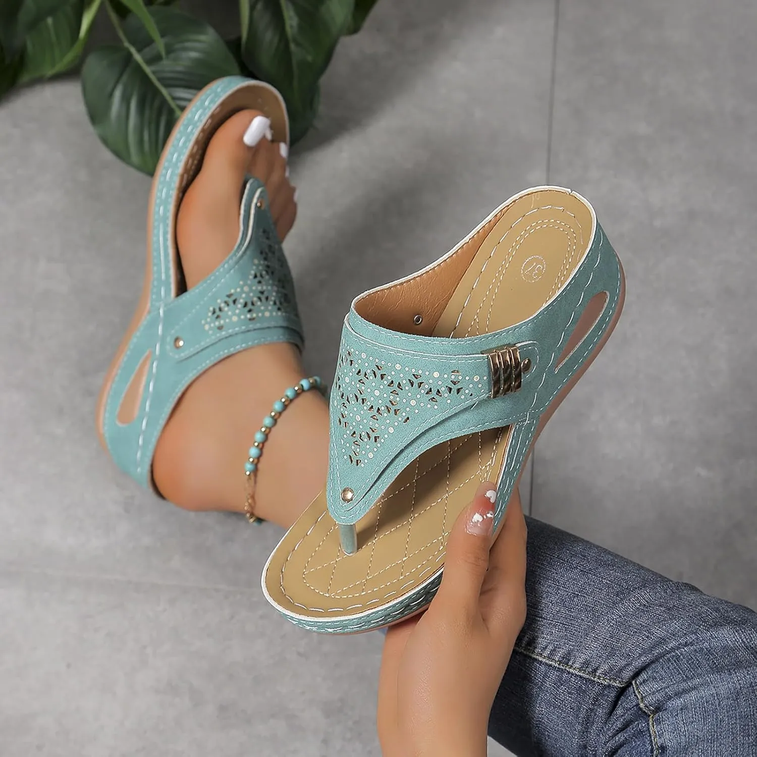 Womens Sandals 2025 Orthopedic Wide Width Slip-On Dressy Comfortable Summer Shoes Wedge Flip Flops Blue Spring
