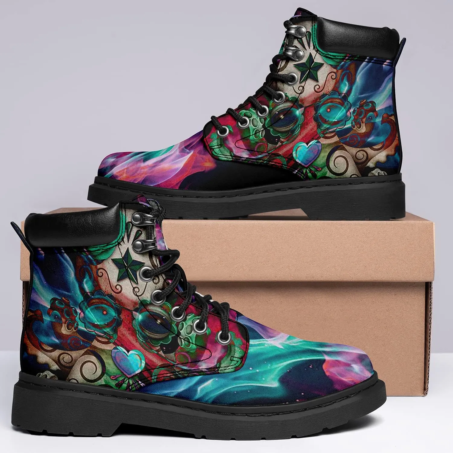 Women's Skulls and Flowers Combat Boot Hippie Vagen Leather Boots Classic Fashion Lace Up Ankle Booties for Men