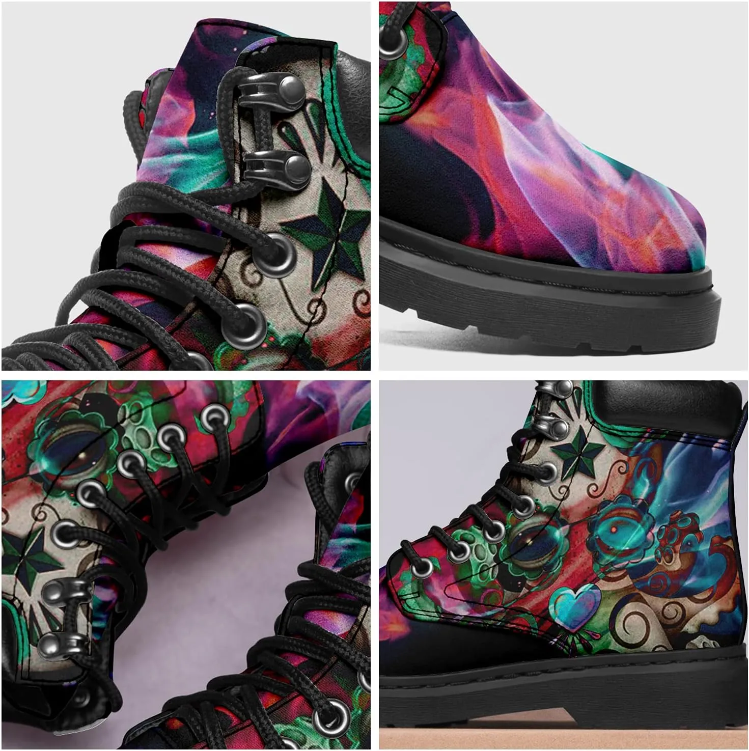 Women's Skulls and Flowers Combat Boot Hippie Vagen Leather Boots Classic Fashion Lace Up Ankle Booties for Men