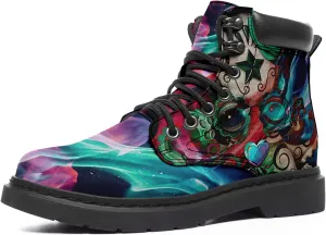 Women's Skulls and Flowers Combat Boot Hippie Vagen Leather Boots Classic Fashion Lace Up Ankle Booties for Men