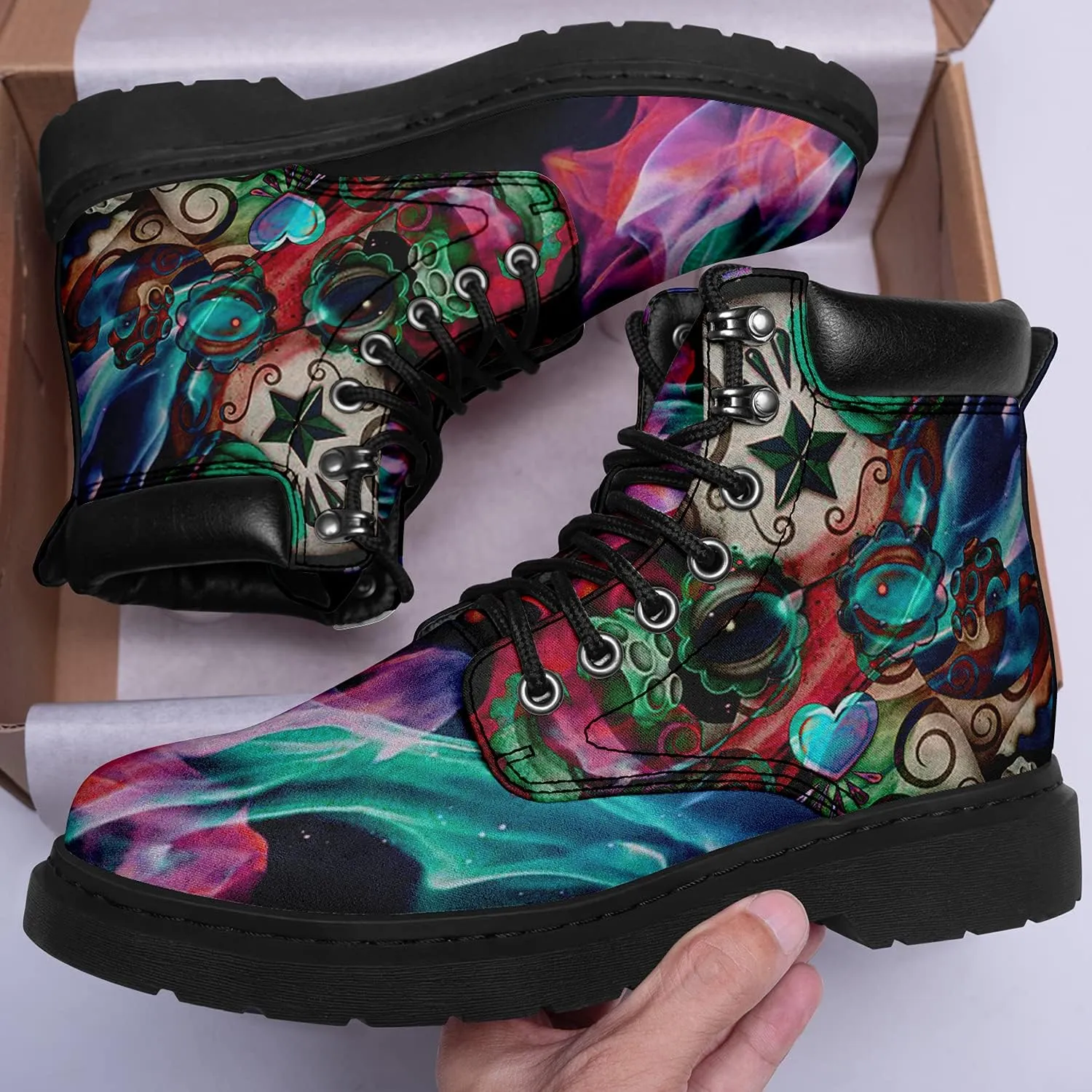 Women's Skulls and Flowers Combat Boot Hippie Vagen Leather Boots Classic Fashion Lace Up Ankle Booties for Men