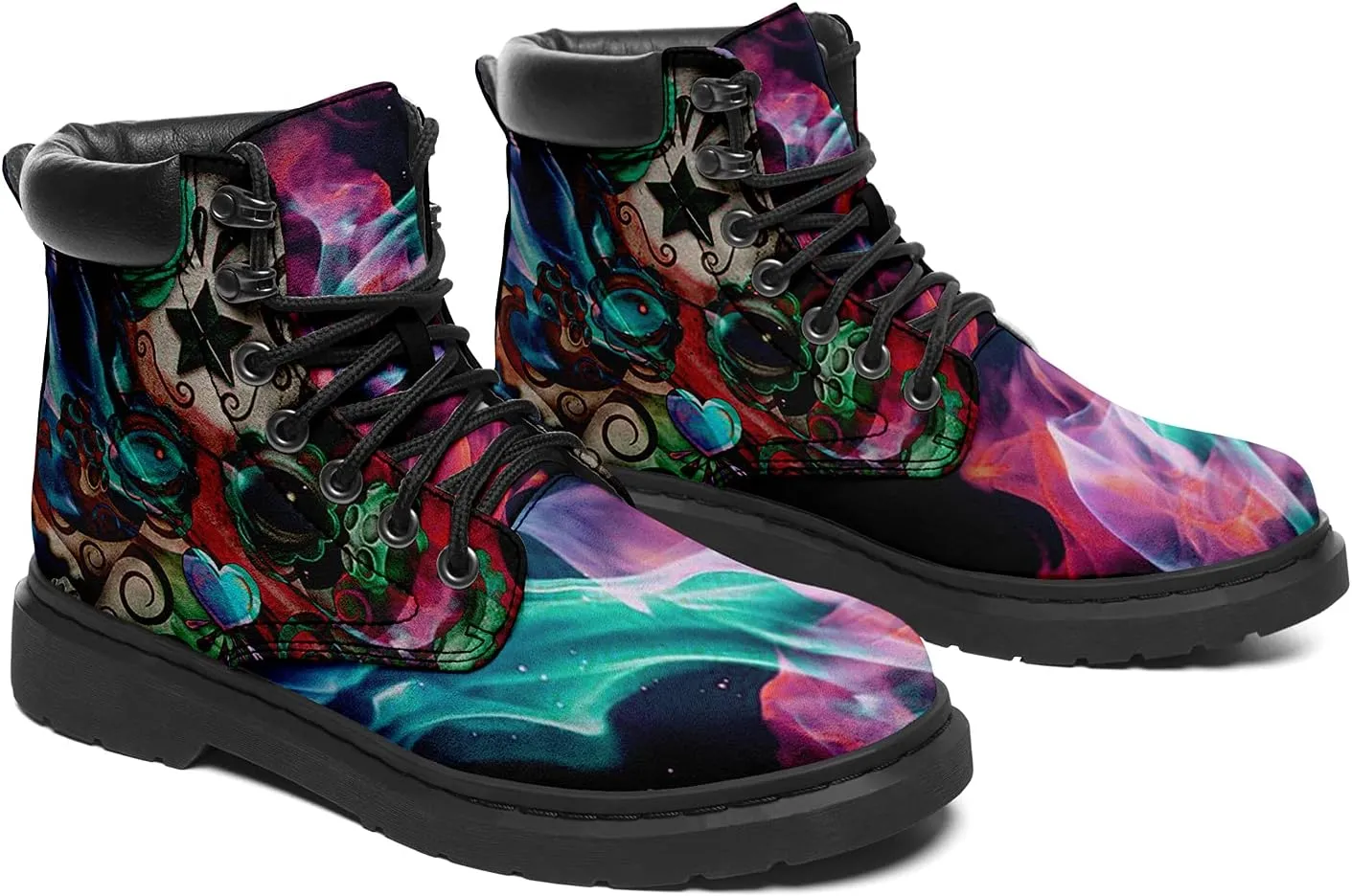 Women's Skulls and Flowers Combat Boot Hippie Vagen Leather Boots Classic Fashion Lace Up Ankle Booties for Men
