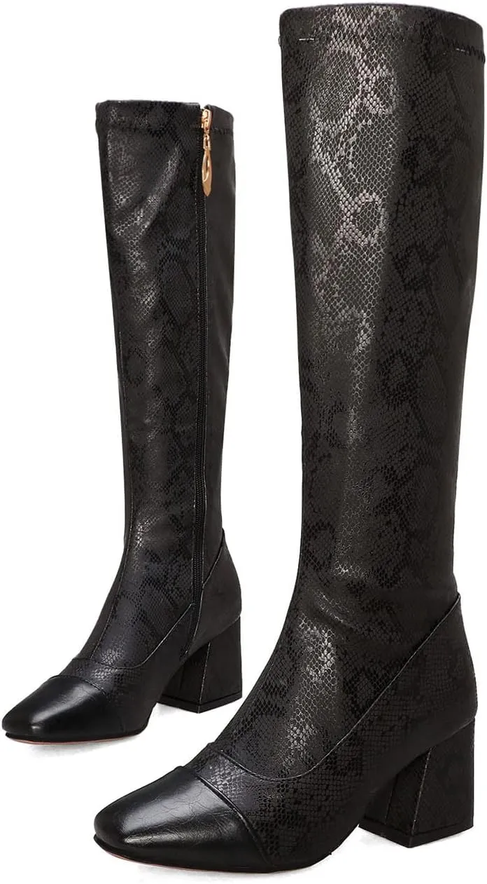 Womens Square Toe Chunky Boots - Fashion Snake Pattern Print Pointed Toe Side Zip Knee High Boots Trendy Casual Ladies Square High Heel Shoes