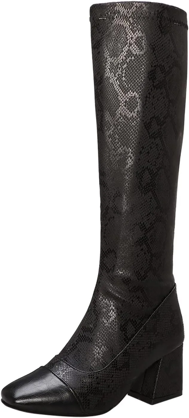 Womens Square Toe Chunky Boots - Fashion Snake Pattern Print Pointed Toe Side Zip Knee High Boots Trendy Casual Ladies Square High Heel Shoes