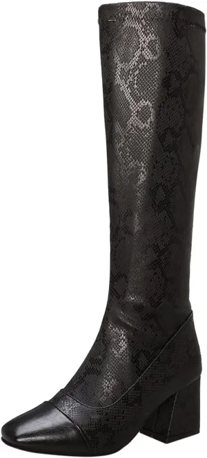 Womens Square Toe Chunky Boots - Fashion Snake Pattern Print Pointed Toe Side Zip Knee High Boots Trendy Casual Ladies Square High Heel Shoes
