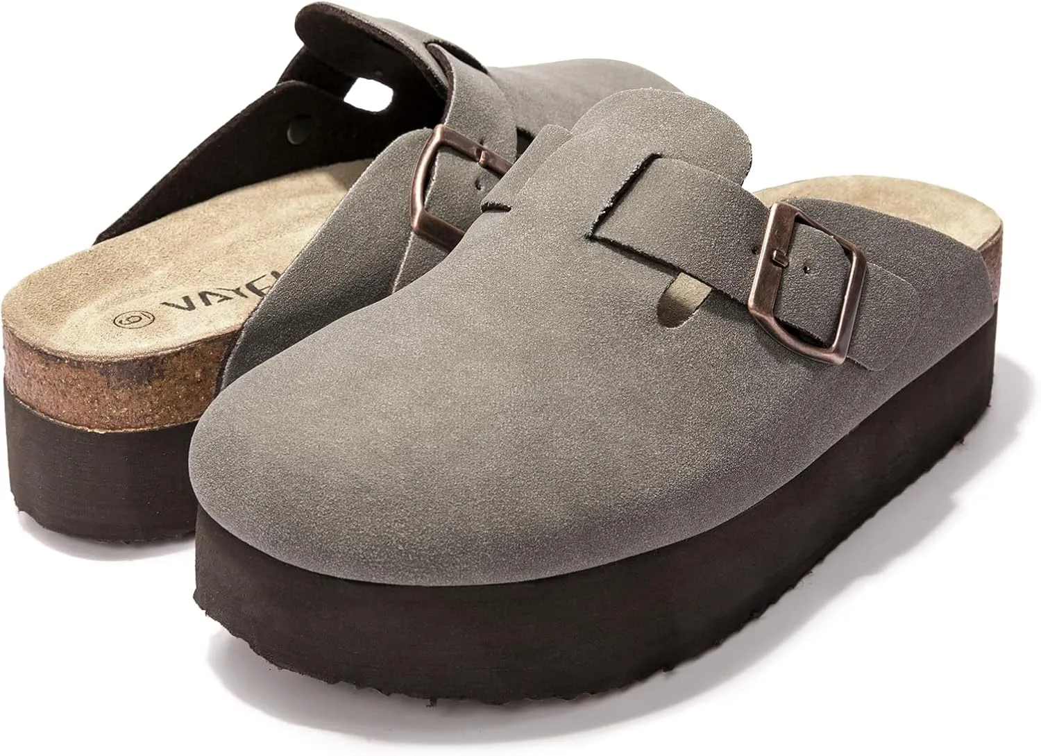 Women's Suede Clogs Cork Footbed Sandals Comfort Platform Mules with Arch Support Adjustable Buckle Slip On Slippers