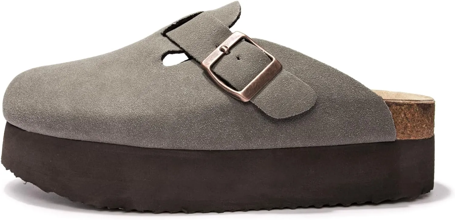 Women's Suede Clogs Cork Footbed Sandals Comfort Platform Mules with Arch Support Adjustable Buckle Slip On Slippers