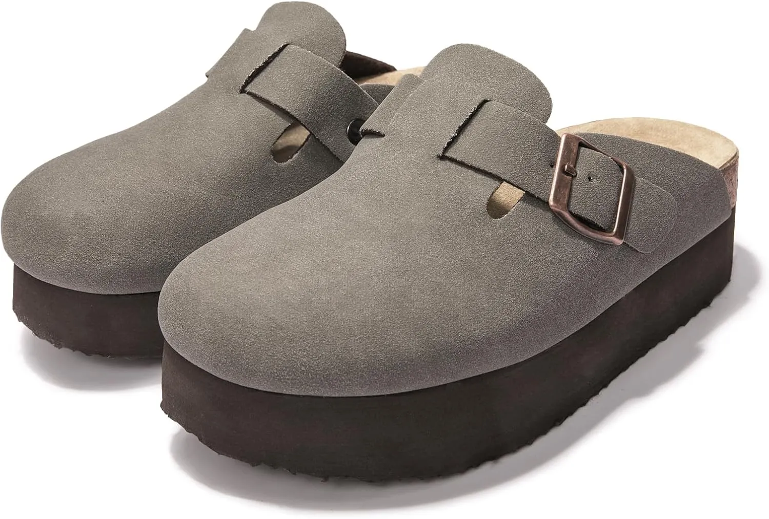 Women's Suede Clogs Cork Footbed Sandals Comfort Platform Mules with Arch Support Adjustable Buckle Slip On Slippers