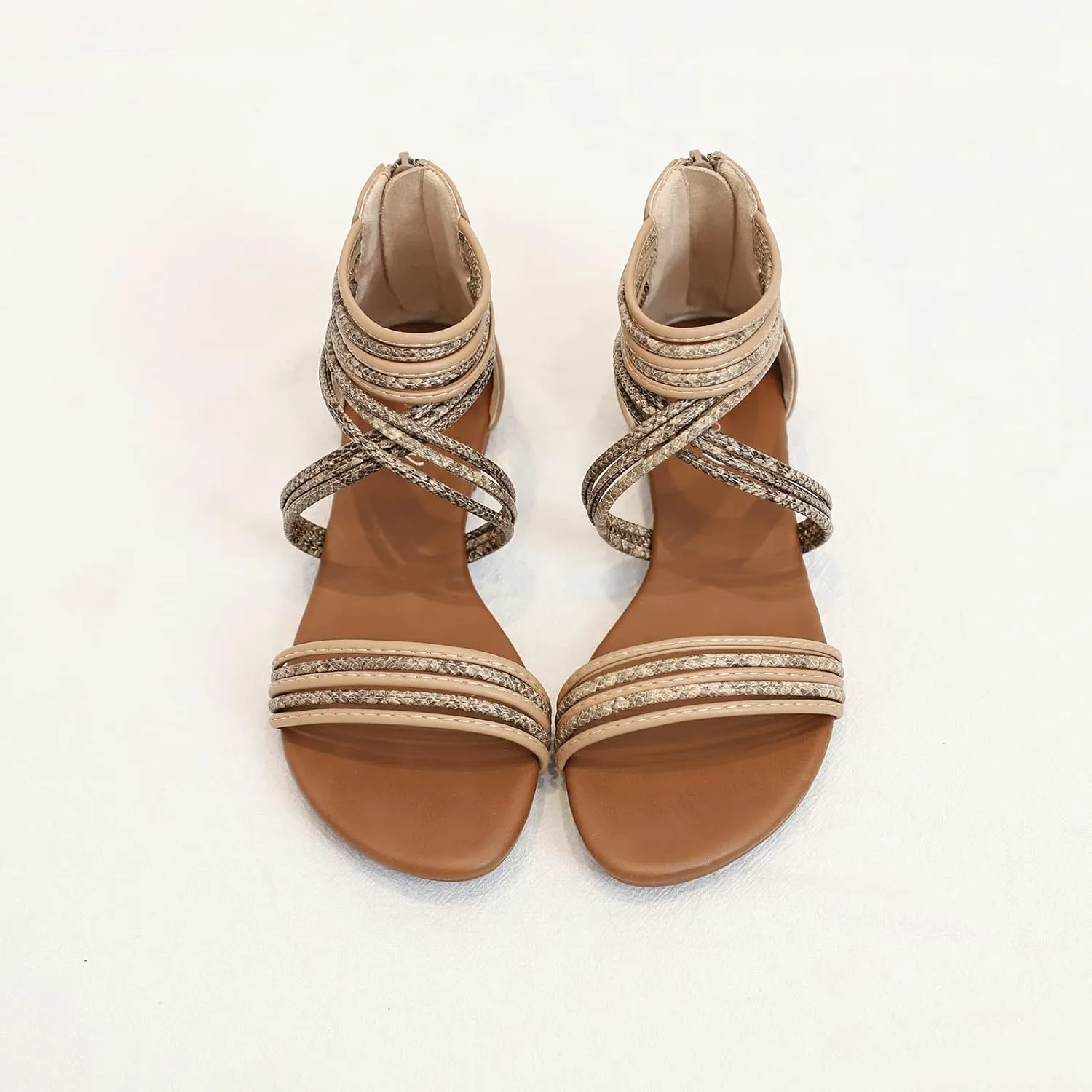 YEOJOU Gladiator Sandals for Women Strappy Leather Flat Sandals Open Toe Ankle Strap Back Zipper Comfortable Dressy Summer Shoes