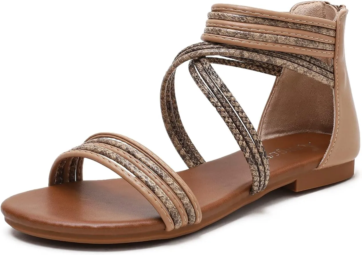 YEOJOU Gladiator Sandals for Women Strappy Leather Flat Sandals Open Toe Ankle Strap Back Zipper Comfortable Dressy Summer Shoes