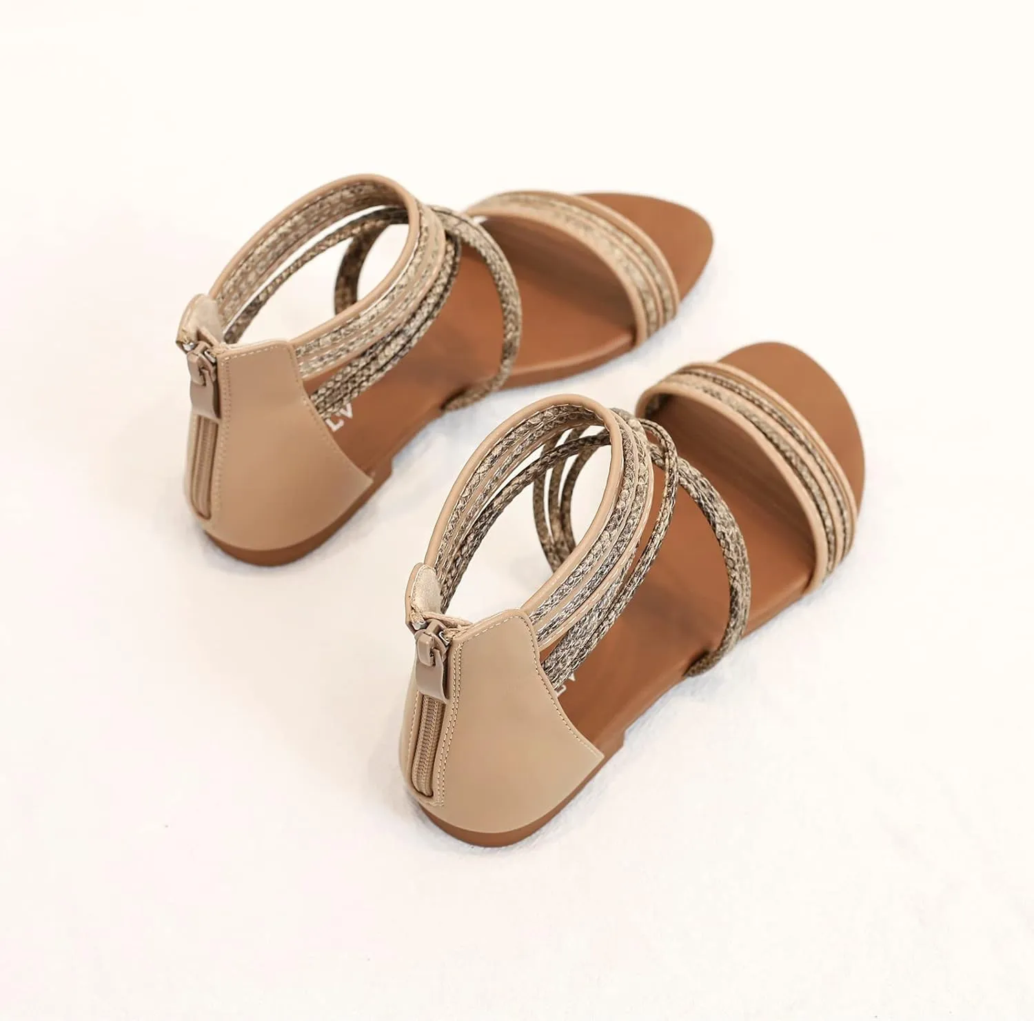 YEOJOU Gladiator Sandals for Women Strappy Leather Flat Sandals Open Toe Ankle Strap Back Zipper Comfortable Dressy Summer Shoes