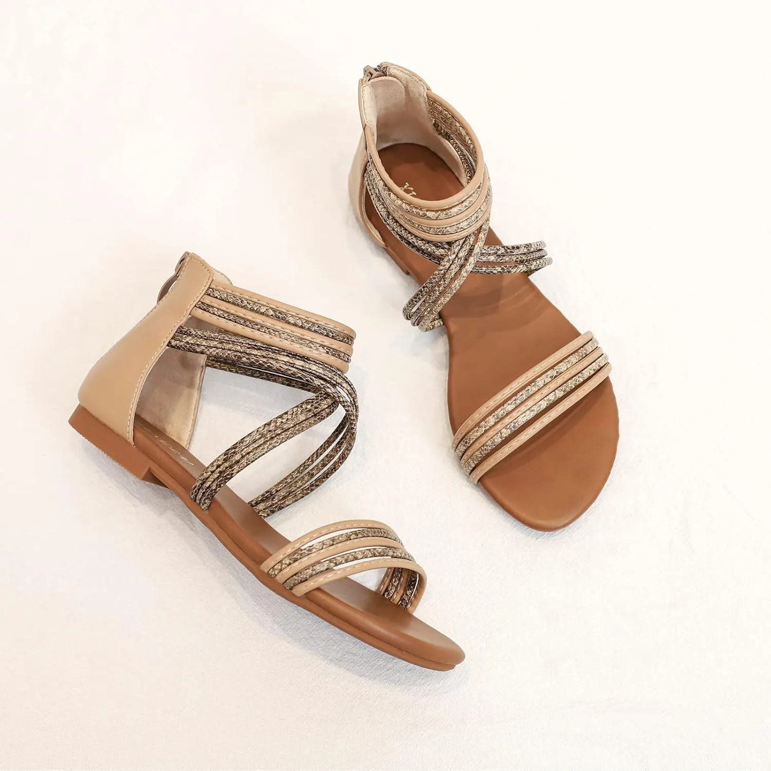 YEOJOU Gladiator Sandals for Women Strappy Leather Flat Sandals Open Toe Ankle Strap Back Zipper Comfortable Dressy Summer Shoes