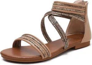 YEOJOU Gladiator Sandals for Women Strappy Leather Flat Sandals Open Toe Ankle Strap Back Zipper Comfortable Dressy Summer Shoes